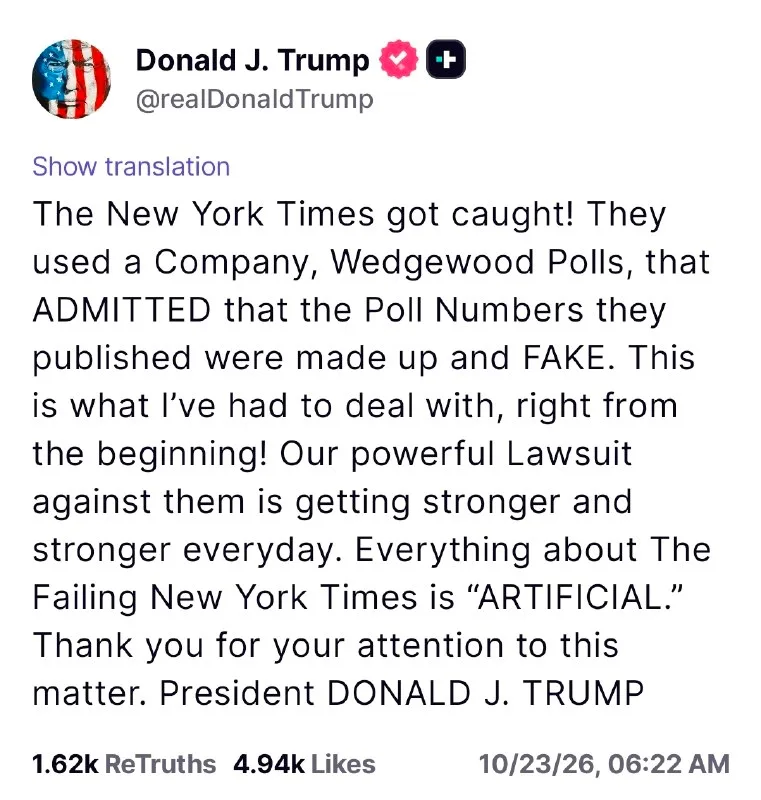 Обложка источника: Трамп подал в суд на «The New York Times» за использование опросовой компании, которая фальсифицировала и выдумывала результаты опросов
