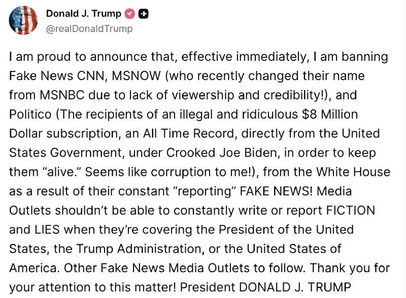 Обложка источника: Трамп запретил CNN, MSNOW и Politico доступ в Белый дом